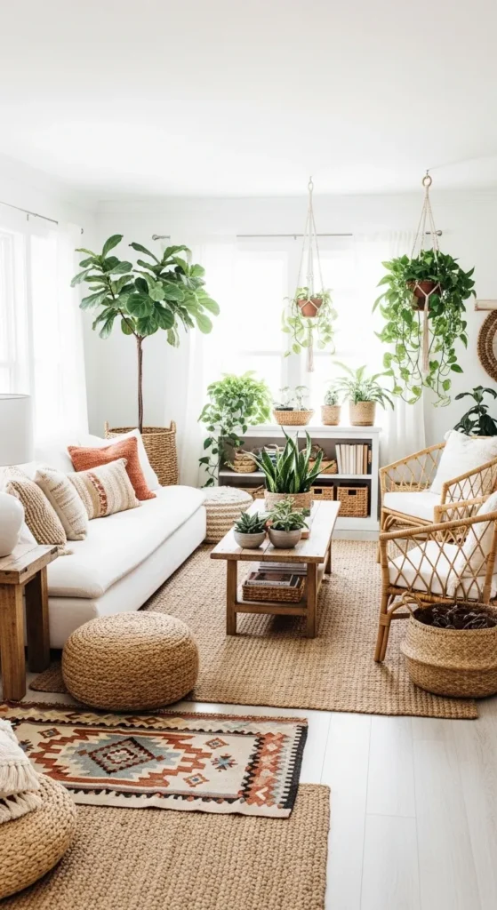 Boho-Chic White Living Room with Natural Elements
