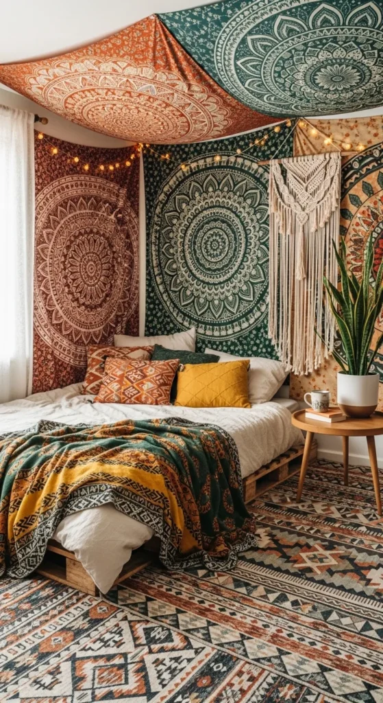 Boho-Inspired Bedroom with Tapestries and Rugs

