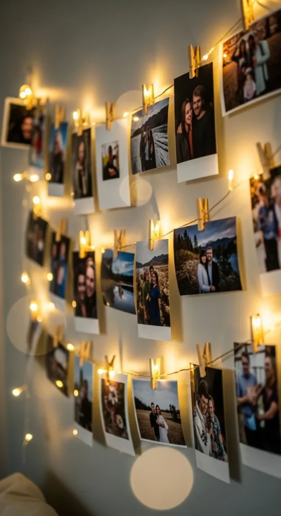 Christmas-Themed Photo Wall with Fairy Lights