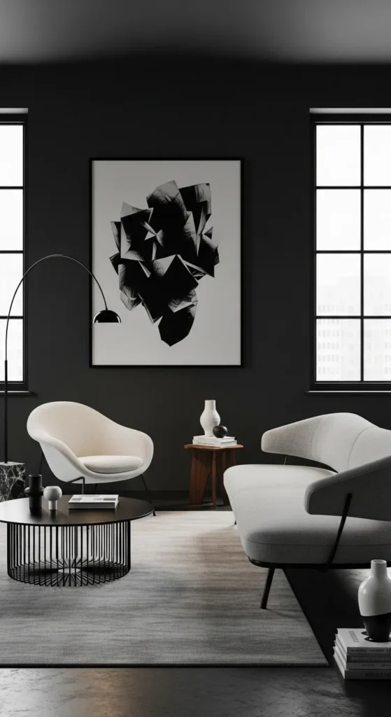 Dark Gray with Monochrome Art and Sculptural Furnishings