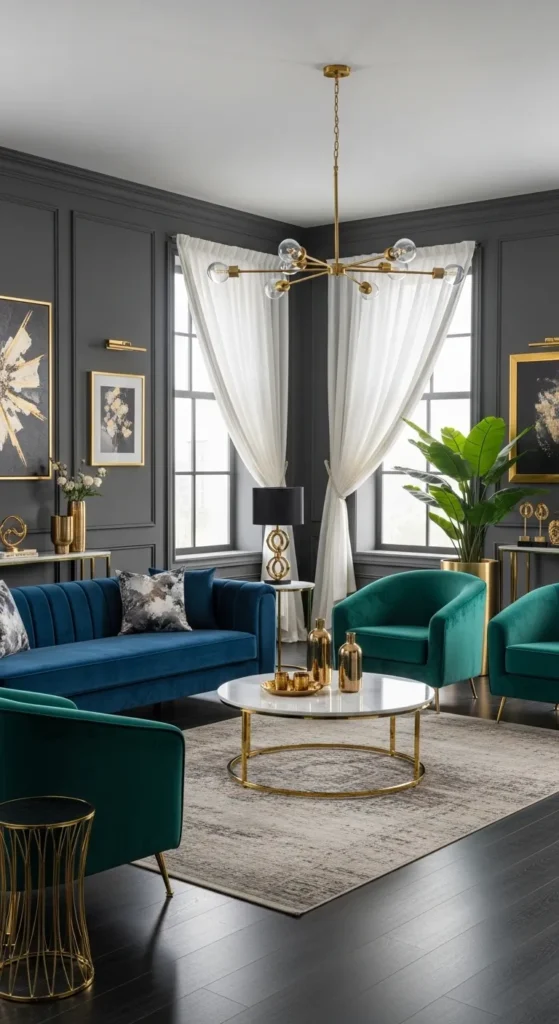 Elegant Charcoal Walls with Luxurious Gold Accents