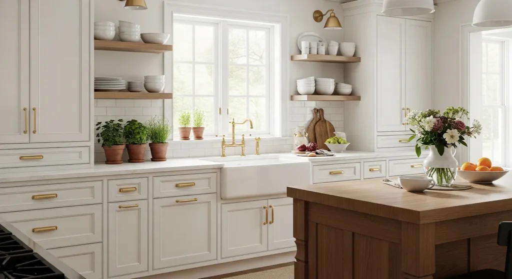 Farmhouse White Cabinets with Brass Hardware