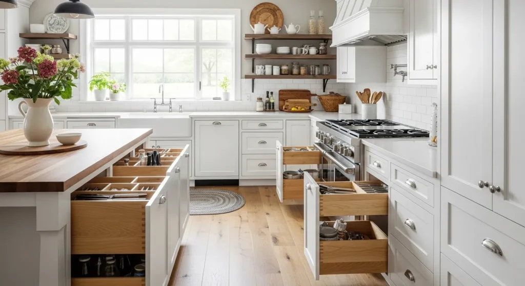 Farmhouse White Cabinets with Built-In Pull-Out Drawers