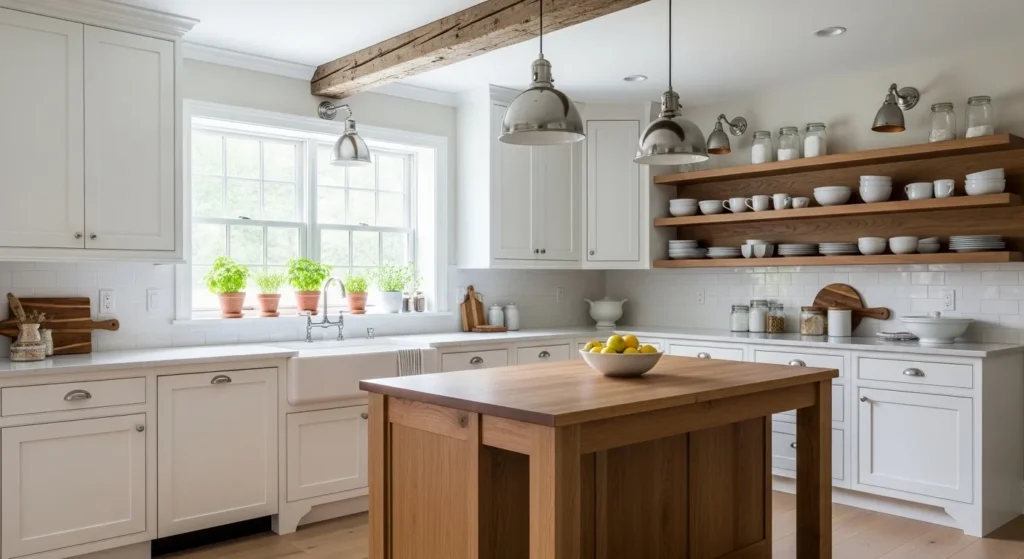 Farmhouse White Cabinets with Natural Wood Accents