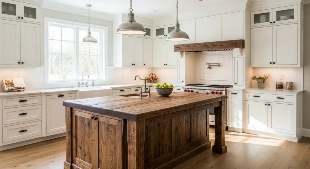 Farmhouse White Cabinets with Rustic Wood Island