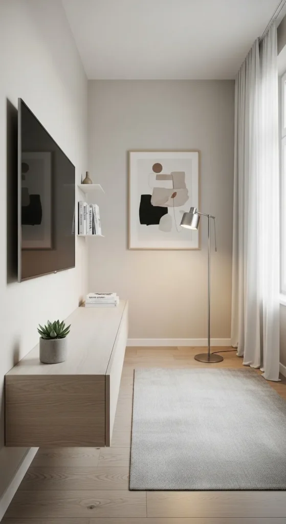 Floating Bench with Wall-Mounted TV and Sleek Decor