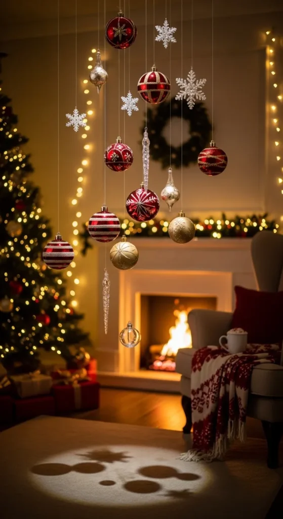 Floating Christmas Ornaments on Clear String