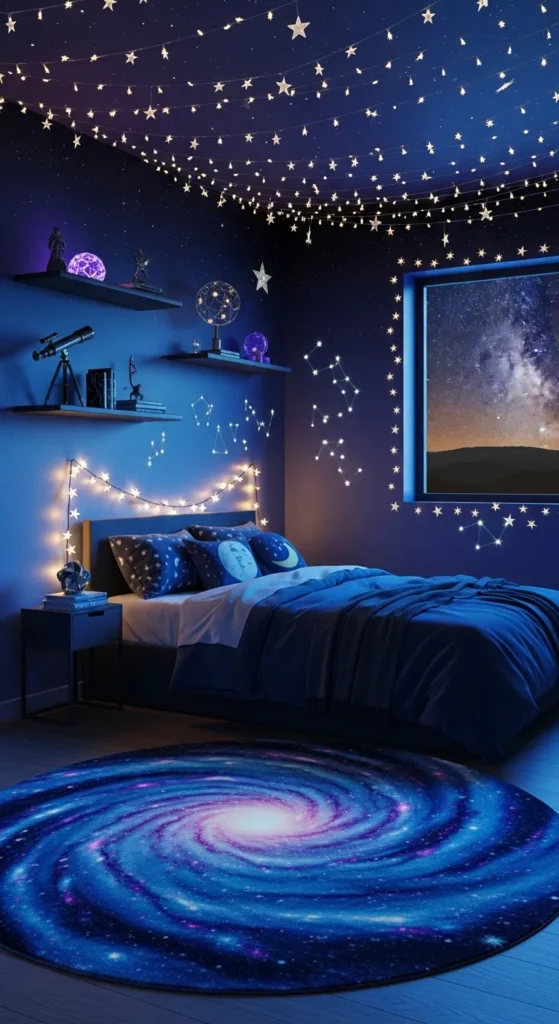 Galaxy-Themed Bedroom with Dark Blues and Purples