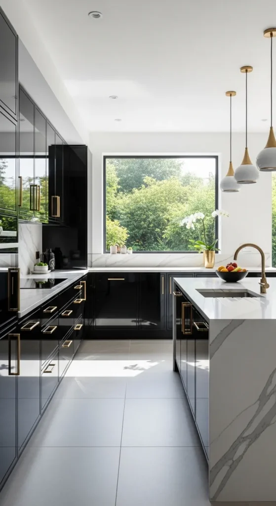 Glossy Black Cabinets with Marble