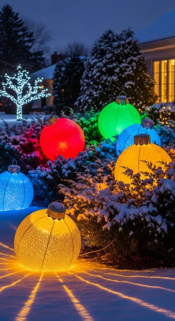 Glowing Ornament Balls in Shrubs