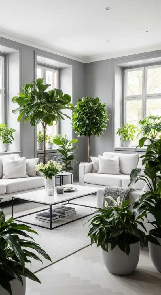  Gray, White, and Greenery for a Fresh, Luxurious Living Room