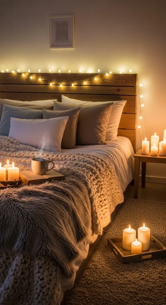 Hygge-Inspired Bedroom with Soft Lighting and Candles