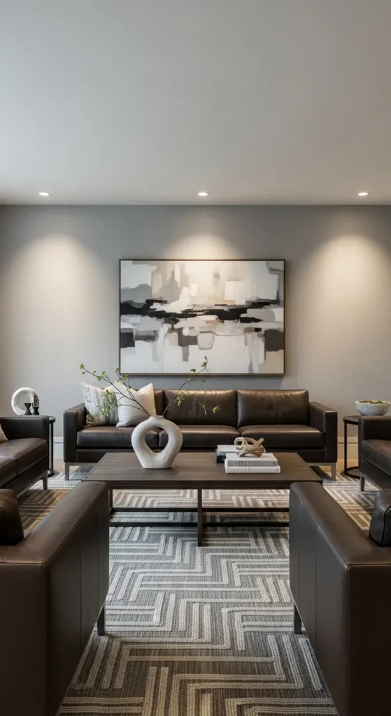 Light Gray with Textured Walls and Leather Furnishings