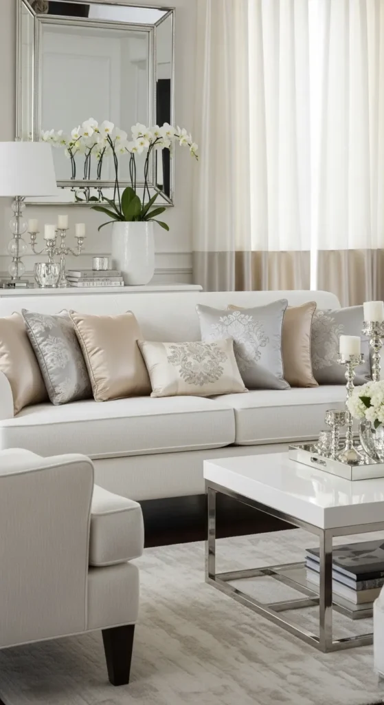 Luxurious White Living Room with Silk and Satin Accents