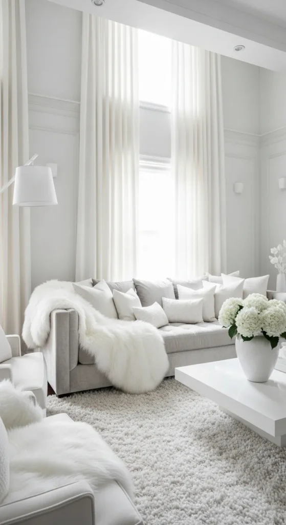 Monochrome White Living Room with Luxurious Textures