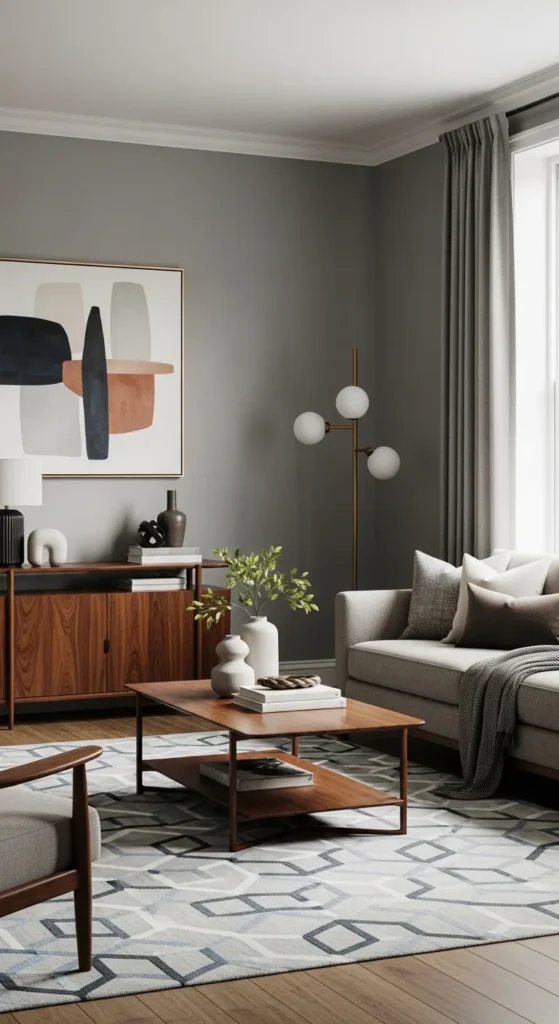 Muted Gray and Rich Wood for Warmth and Contrast
