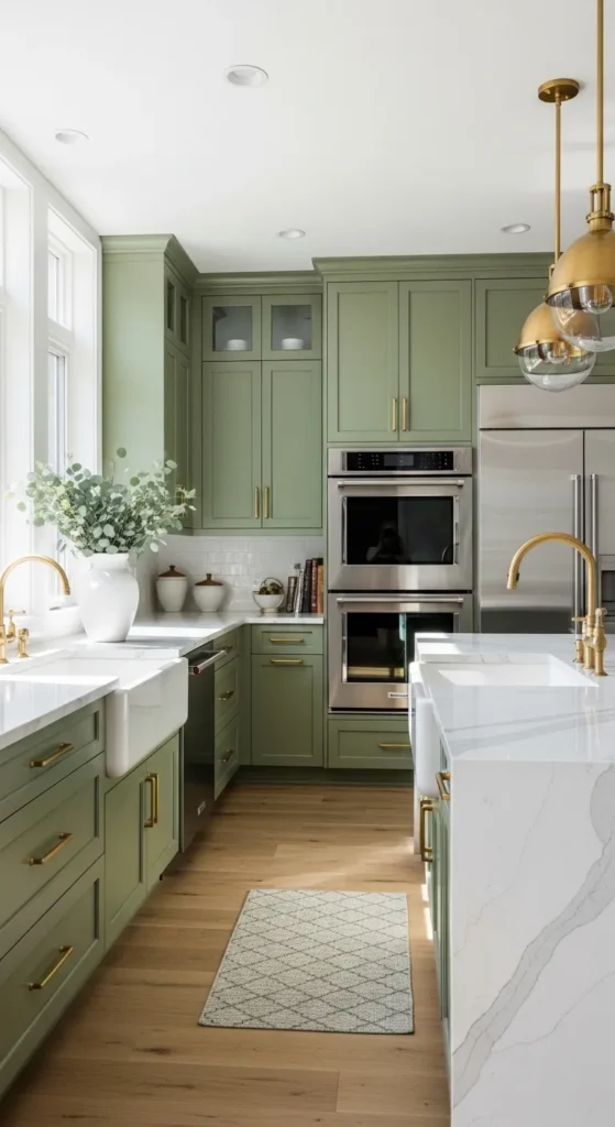 Olive Green Cabinets with Brass Handles