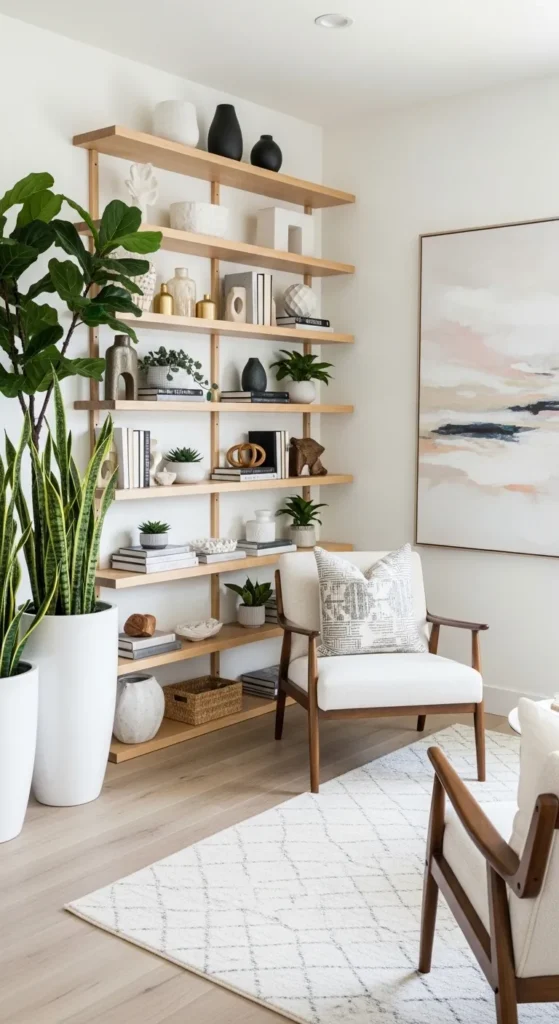 Open Concept White Living Room with Indoor Plants