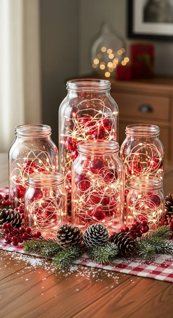 Red and White Christmas Lights in Glass Jars