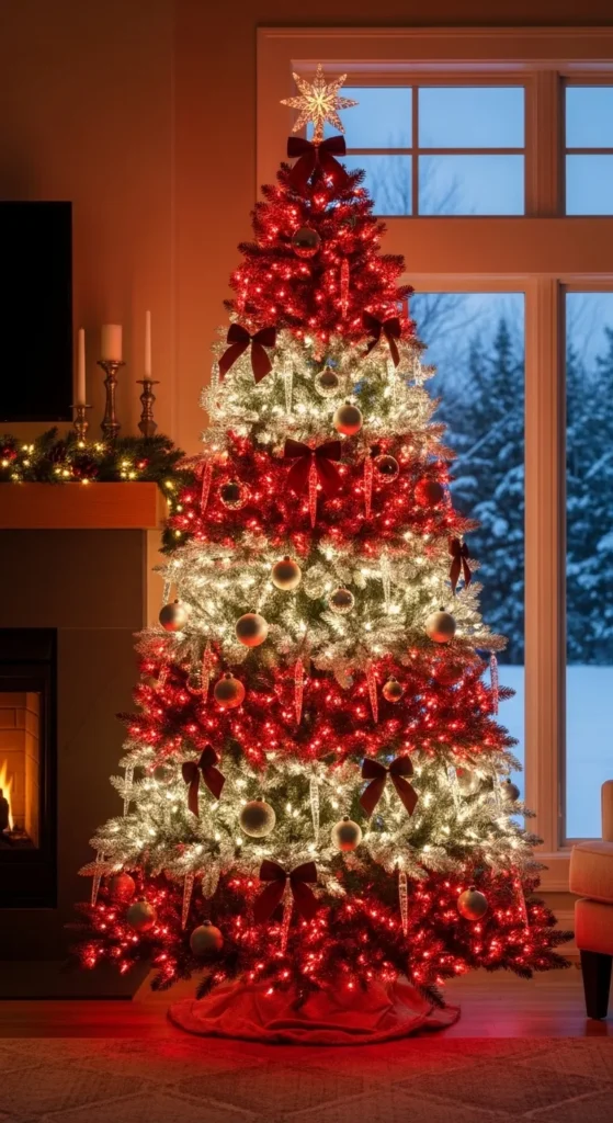 Red and White Christmas Tree with Layered Lights