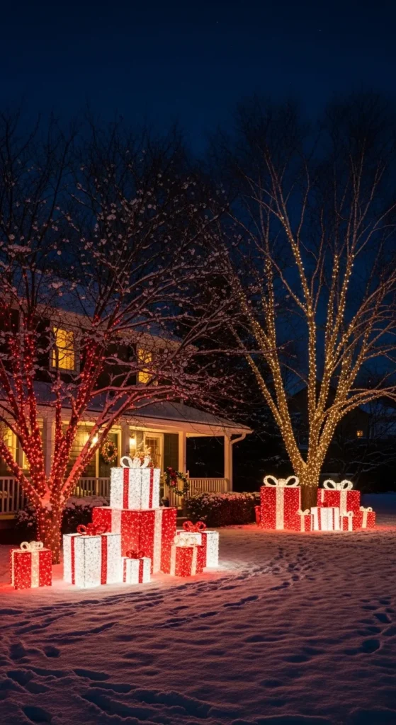 Red and White Outdoor Lighted Presents
