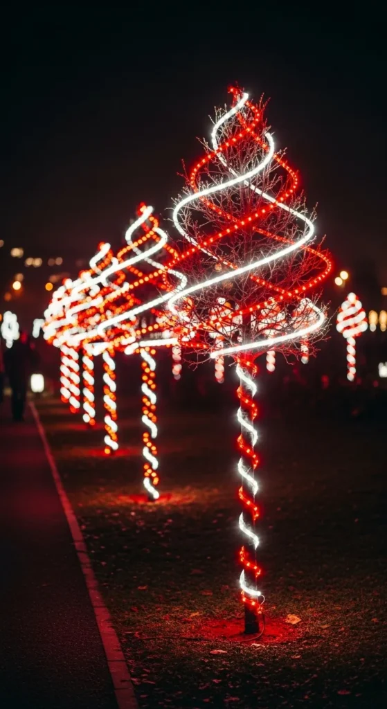 Red and White Spiral Lighted Trees