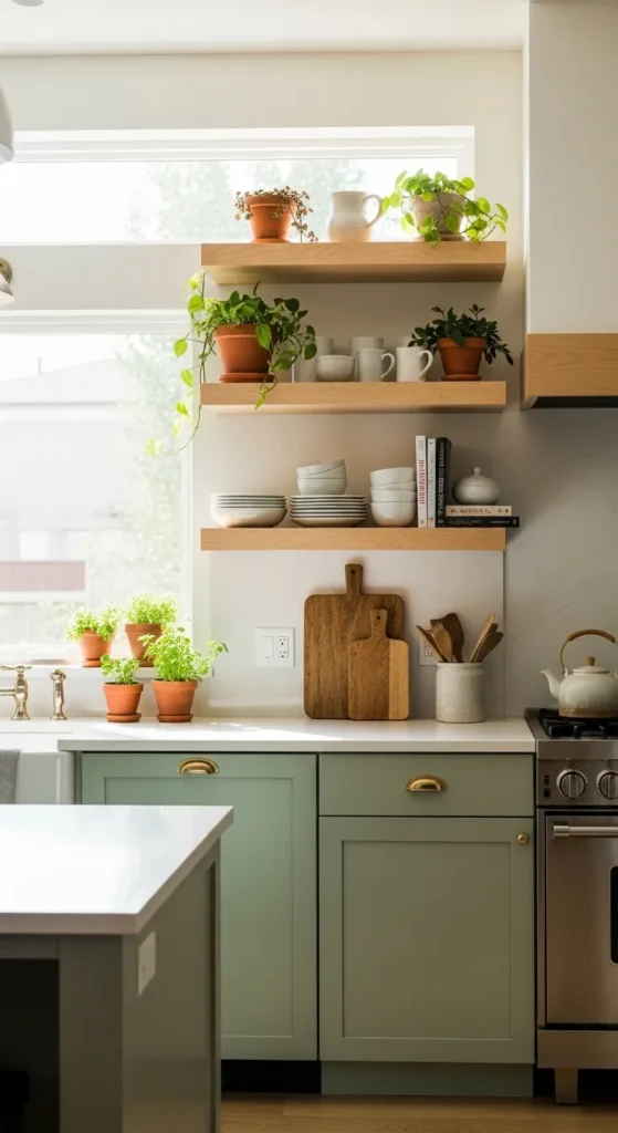 Sage Green Cabinets with Open Shelving

