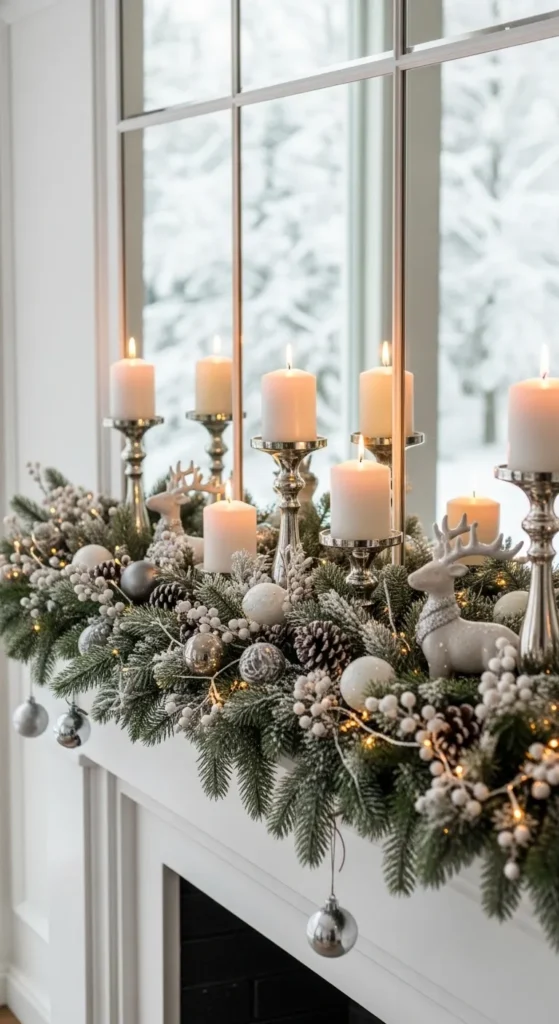 Snowy Window Frames Behind Mantle