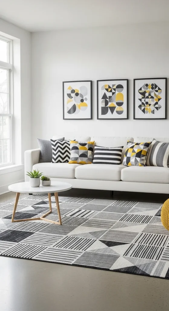 White Living Room with Bold Geometric Patterns