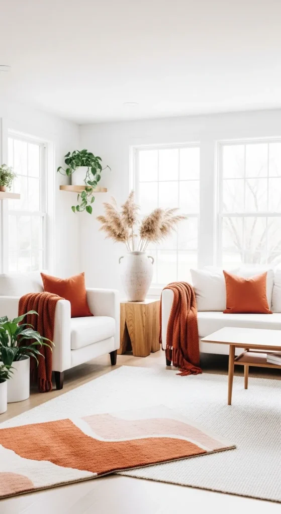 White Living Room with Earthy Terracotta Accents