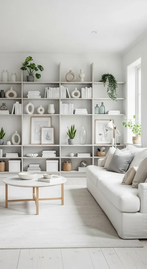 White Living Room with Open Shelving