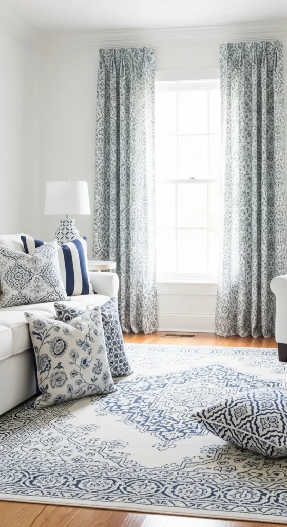 White Living Room with Patterned Textiles