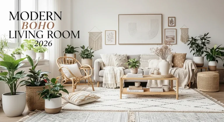 Modern boho living room 2026 with layered textiles, rattan chair, indoor plants, neutral sofa, woven rug, bright daylight, Pinterest aesthetic styling. Text included.”Modern Boho Living Room 2026