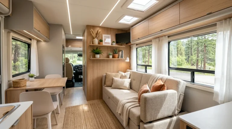 A bright, modern RV living room with smart space-saving furniture, foldable sofa bed, wall-mounted shelves, soft neutral tones, natural sunlight streaming through large windows, cozy minimalist decor, ultra realistic, 4k, Pinterest style, wide angle interior shot