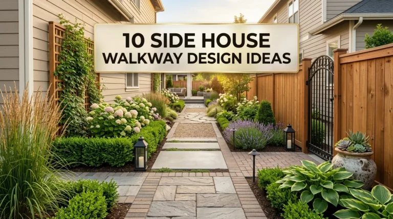 **Aspect Ratio: 16:9 Landscape** **AI Image Prompt:** Create a breathtaking, ultra-realistic Pinterest feature image for a home exterior design blog post titled: # **"10 SIDE HOUSE WALKWAY DESIGN IDEAS"** Show a stunning luxury side yard walkway between two beautiful homes, designed with exceptional landscaping and curb appeal. Feature elegant pathway styles including natural stone pavers, modern concrete stepping stones, brick walkways, pea gravel paths, flagstone trails, and sleek contemporary garden paths. Surround the walkway with lush landscaping including ornamental grasses, flowering hydrangeas, boxwood hedges, climbing vines, lavender, hostas, and neatly maintained garden borders. Add stylish landscape lighting, black lanterns, pathway lights, wooden privacy fences, decorative gates, trellises, and charming outdoor accents. The walkway should guide the eye toward a beautiful backyard entrance, creating depth and a luxurious outdoor living feel. Include realistic textures such as weathered stone, warm wood, natural gravel, and vibrant greenery. The space should feel clean, upscale, inviting, and highly aspirational. Use a warm color palette featuring soft beige, natural stone gray, warm taupe, cream, sage green, rich greenery, and natural wood tones. Golden-hour sunlight streams through the landscaping, creating beautiful highlights, realistic shadows, and a warm welcoming atmosphere. Add large bold title text exactly: **10 SIDE HOUSE WALKWAY DESIGN IDEAS** Place the title inside a premium frosted cream glass box with elegant gold trim, soft shadows, and luxury magazine-style styling. Typography should be oversized, crystal clear, highly readable, and optimized for Pinterest mobile feeds. **Requirements:** * 16:9 Landscape Composition * Ultra-realistic DSLR Photography * 8K UHD Quality * Crystal-Clear Sharp Focus * No Blur, Noise, or Pixelation * Warm Golden-Hour Lighting * Pinterest Viral Aesthetic * Scroll-Stopping Composition * Luxury Landscape Design Styling * High-End Home & Garden Magazine Quality * HDR Photography * Realistic Materials and Textures * Professional Architectural Photography * Beautiful Pathway Landscaping * Rich Depth and Dimension * Clean Elegant Visual Hierarchy * No Watermark * No Extra Text Besides the Title * Premium Outdoor Living Aesthetic * Highly Clickable Pinterest Feature Image * Designed for Maximum CTR and Engagement * Looks Like a Luxury Landscaping Magazine Cover * Eye-Catching, Aspirational, and Unforgettable at First Glance * Stunning USA Suburban Home Design Style * Bright, Warm, and Pinterest-Worthy Presentation