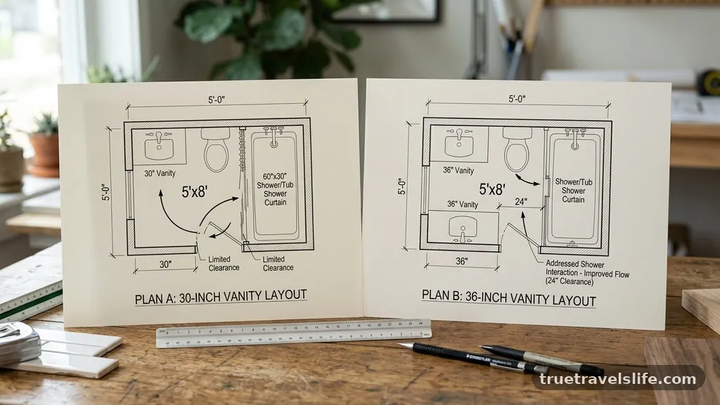 Addressing the Shower and Tub Interaction - 5x8 Bathroom Remodel: 30-Inch vs 36-Inch Vanity Floor Plans