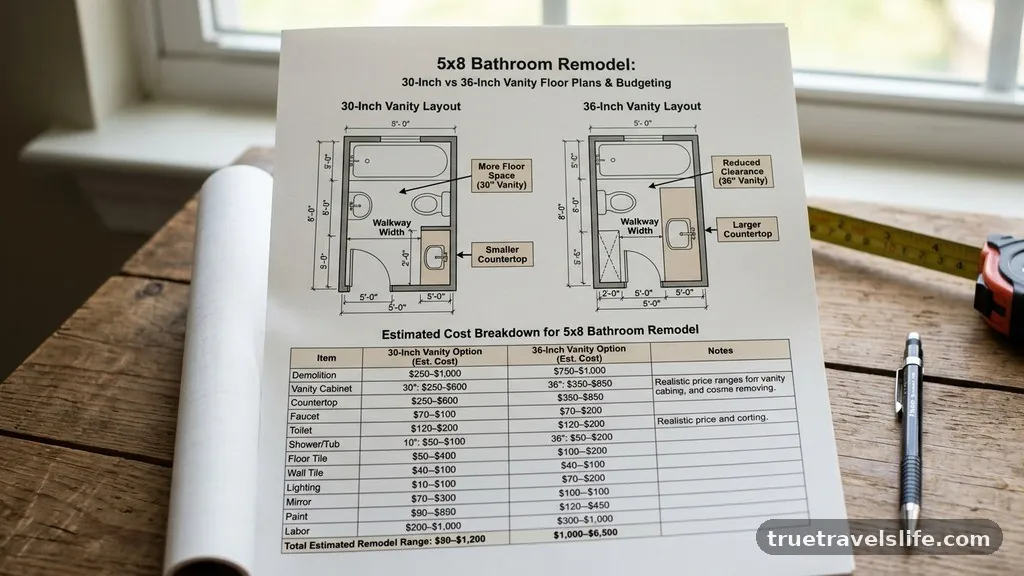 Budgeting for a 5x8 Bathroom Remodel - 5x8 Bathroom Remodel: 30-Inch vs 36-Inch Vanity Floor Plans