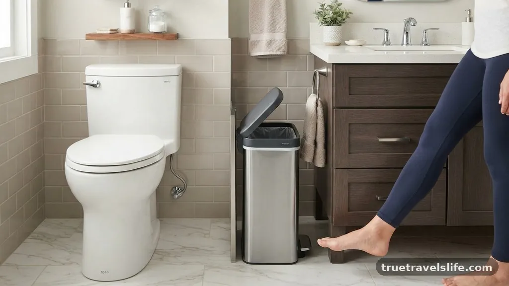 Choosing the Right Lid Mechanism - How to Squeeze a Trash Can Between Toilet and Vanity in a Tight Bath
