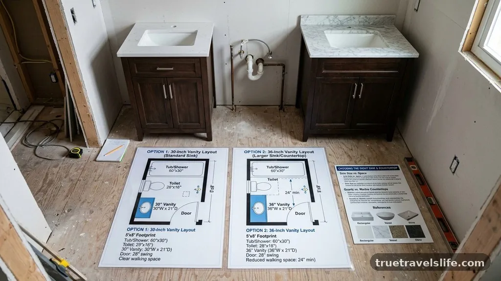Choosing the Right Sink and Countertop - 5x8 Bathroom Remodel: 30-Inch vs 36-Inch Vanity Floor Plans