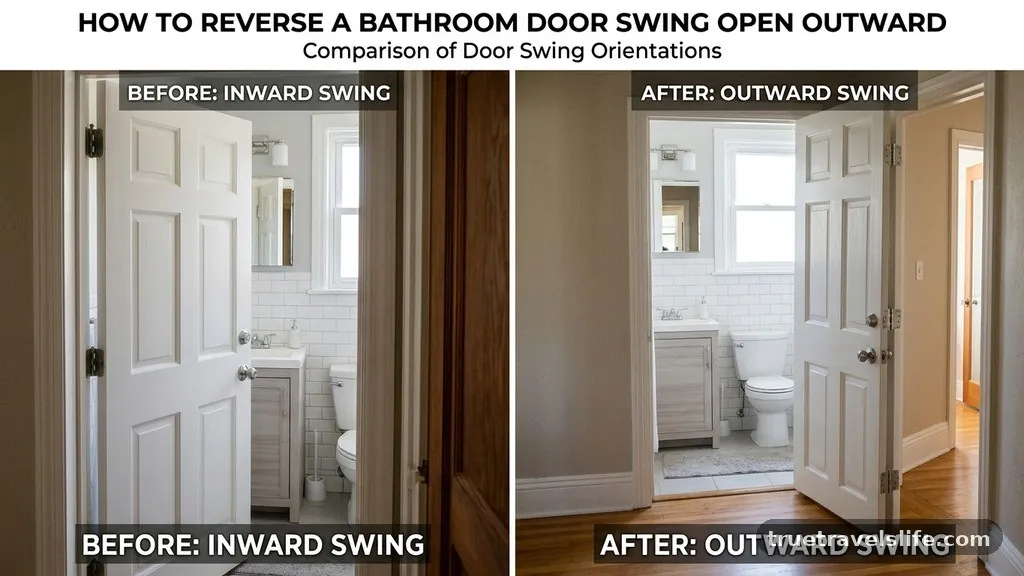Comparison of Door Swing Orientations - How to Reverse a Bathroom Door Swing to Open Outward