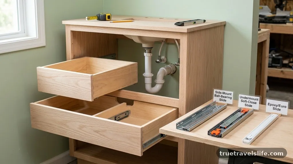 Comparison of Drawer Slide Types - How to Add Drawers to a 30-Inch Vanity with Open Plumbing