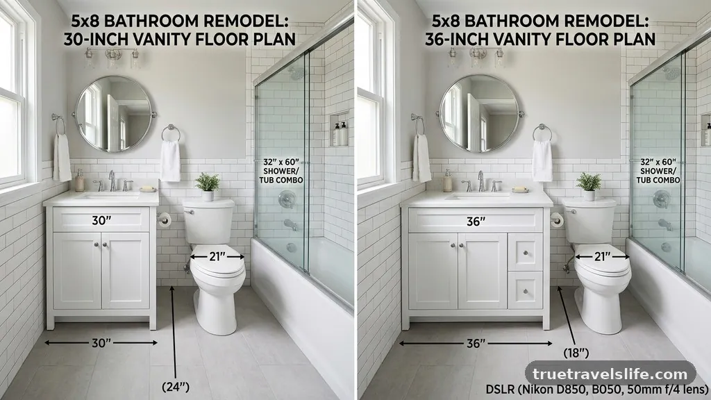 Comparison of Vanity Sizes - 5x8 Bathroom Remodel: 30-Inch vs 36-Inch Vanity Floor Plans
