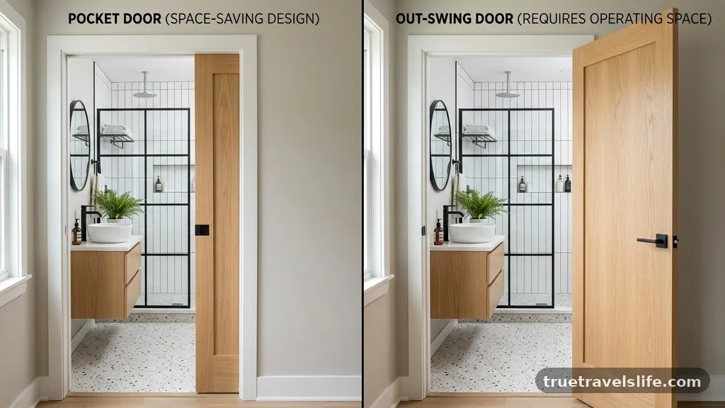 Design Aesthetics and Modern Trends - Pocket Door vs Out-Swing Door for a 5x8 Bathroom Remodel