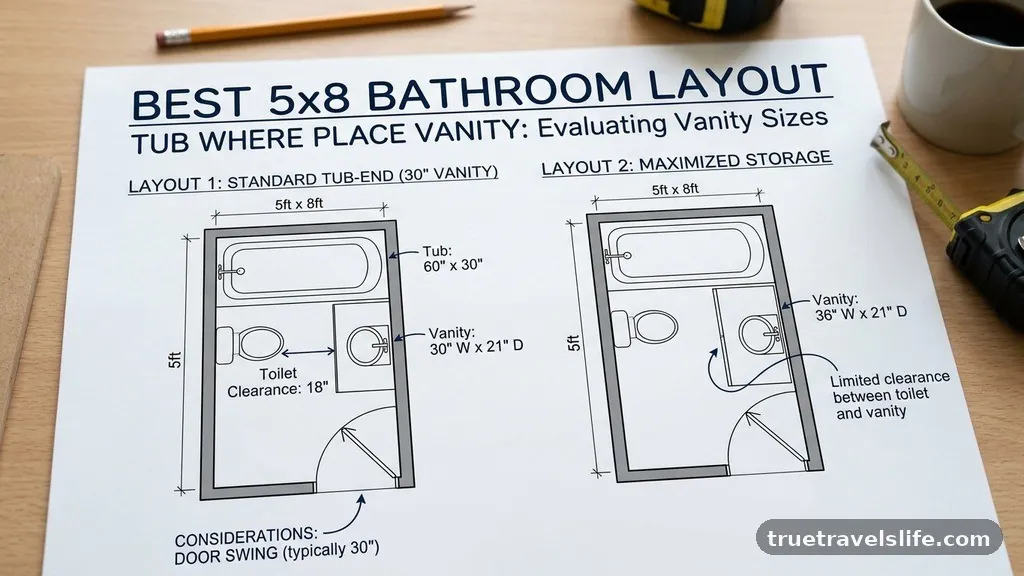 Evaluating Vanity Sizes - Best 5x8 Bathroom Layout with Tub: Where to Place the Vanity