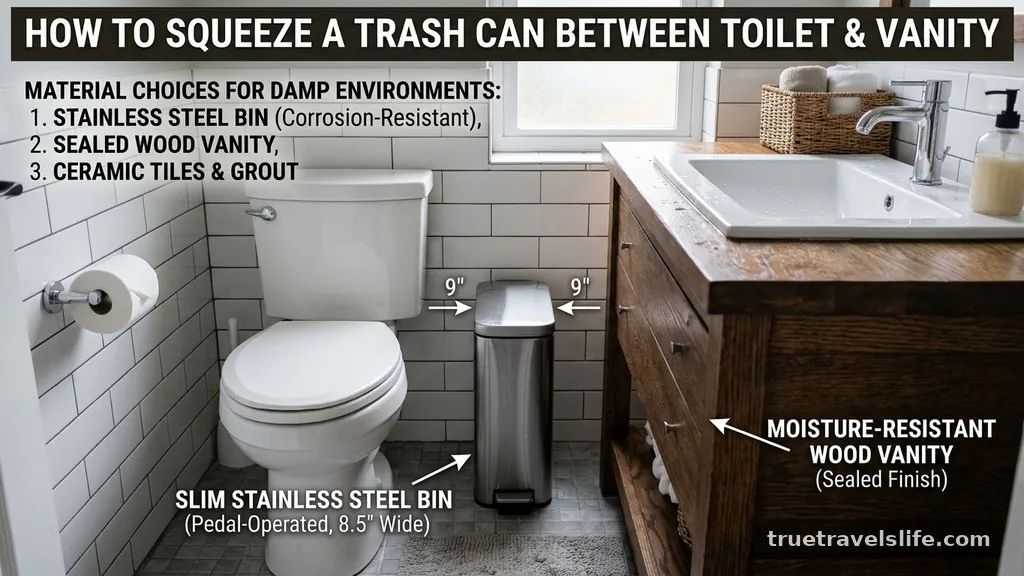 Material Choices for Damp Environments - How to Squeeze a Trash Can Between Toilet and Vanity in a Tight Bath