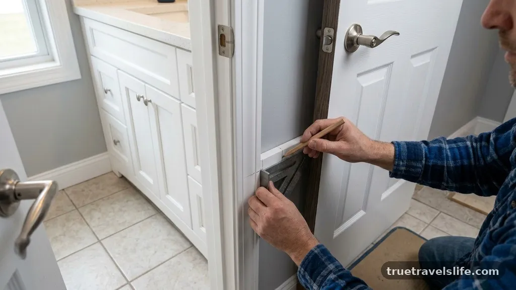 Measuring and Marking the Interference - How to Notch Vanity Baseboard Trim for Tight Door Swings