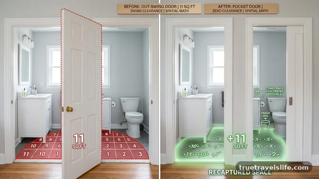 The Spatial Math of a Small Bathroom - Pocket Door vs Out-Swing Door for a 5x8 Bathroom Remodel