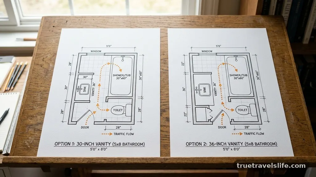 Visual Flow and Traffic Patterns - 5x8 Bathroom Remodel: 30-Inch vs 36-Inch Vanity Floor Plans